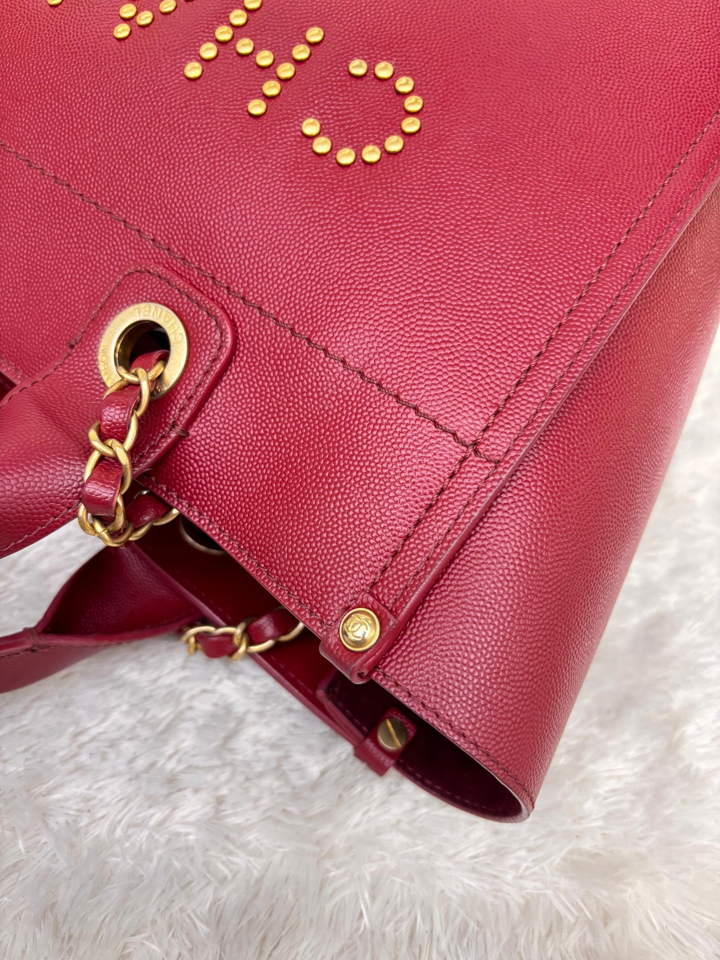 Chanel Deauville Small Caviar Studded Burgundy GHW #26