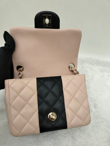Chanel Mini Square Lamb Beige Black LGHW (CHIP)