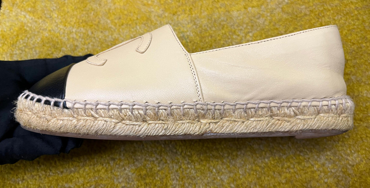 Chanel Espadrilles Leather Beige Black Size 36