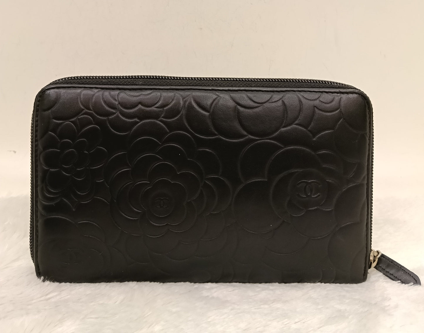 Chanel Zip Around Organizer Wallet Camellia Embossed Black Silver SHW #16