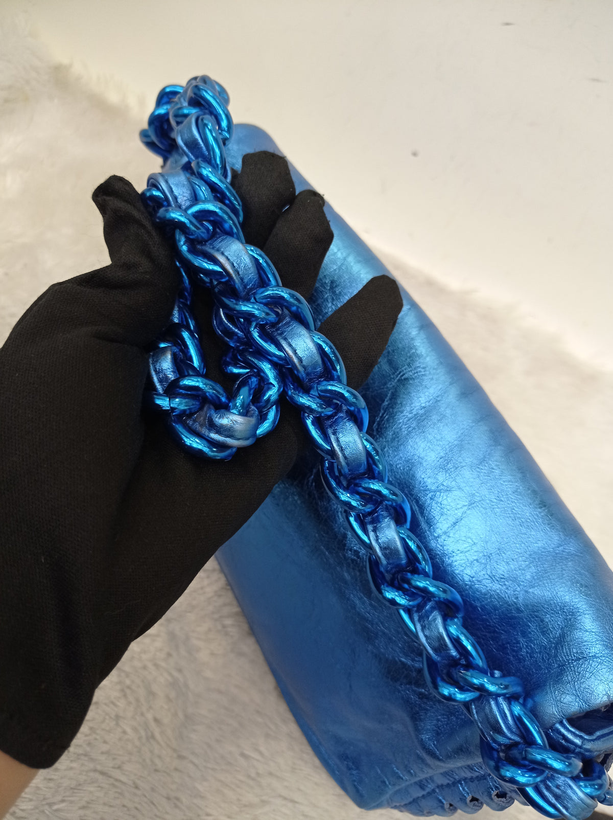 Chanel Modern Chain Flap Cracked Calfskin Metallic Blue #12