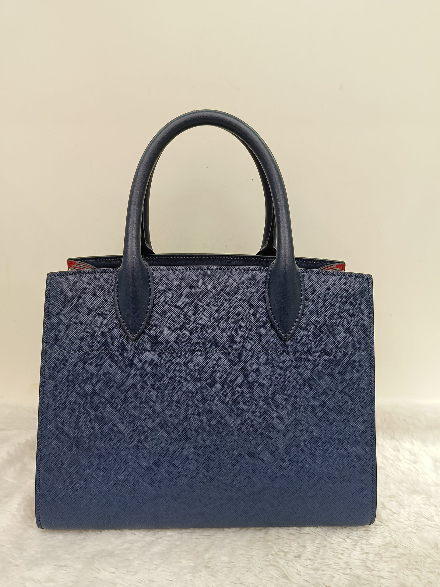 Prada Saffiano Bibliotheque 2 Way Tote Bluette Red GHW
