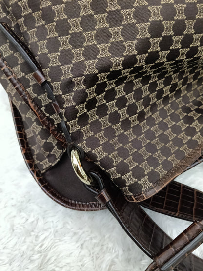 Celine Macadam Bittersweet Large Hobo Croco Embossed Chocolate SHW 2008