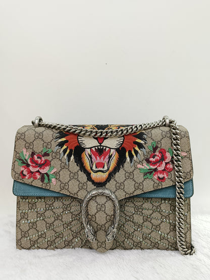 Gucci Dionysus Medium Embriodered Angry Cat Light Blue RHW