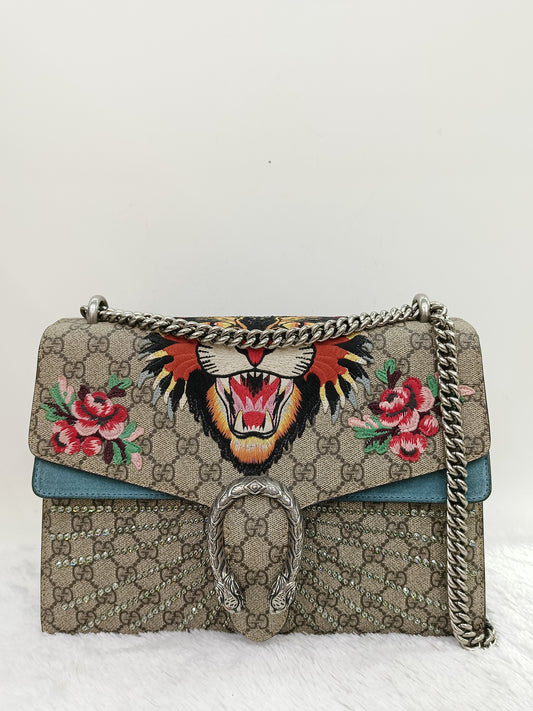 Gucci Dionysus Medium Embriodered Angry Cat Light Blue RHW