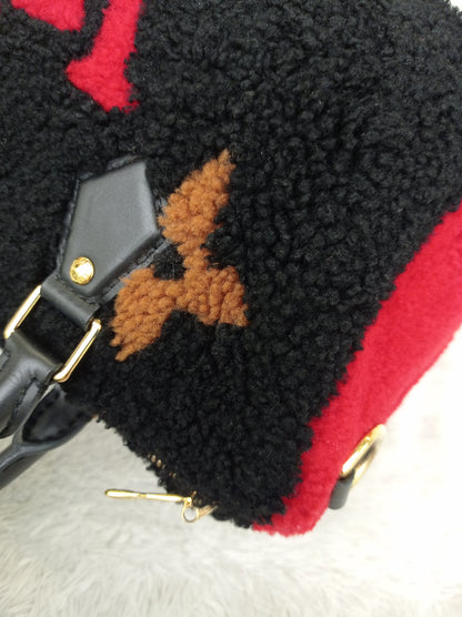 LV Bandou 25 Monogram Giant Fleece Teddy Shearling Black Red 2019