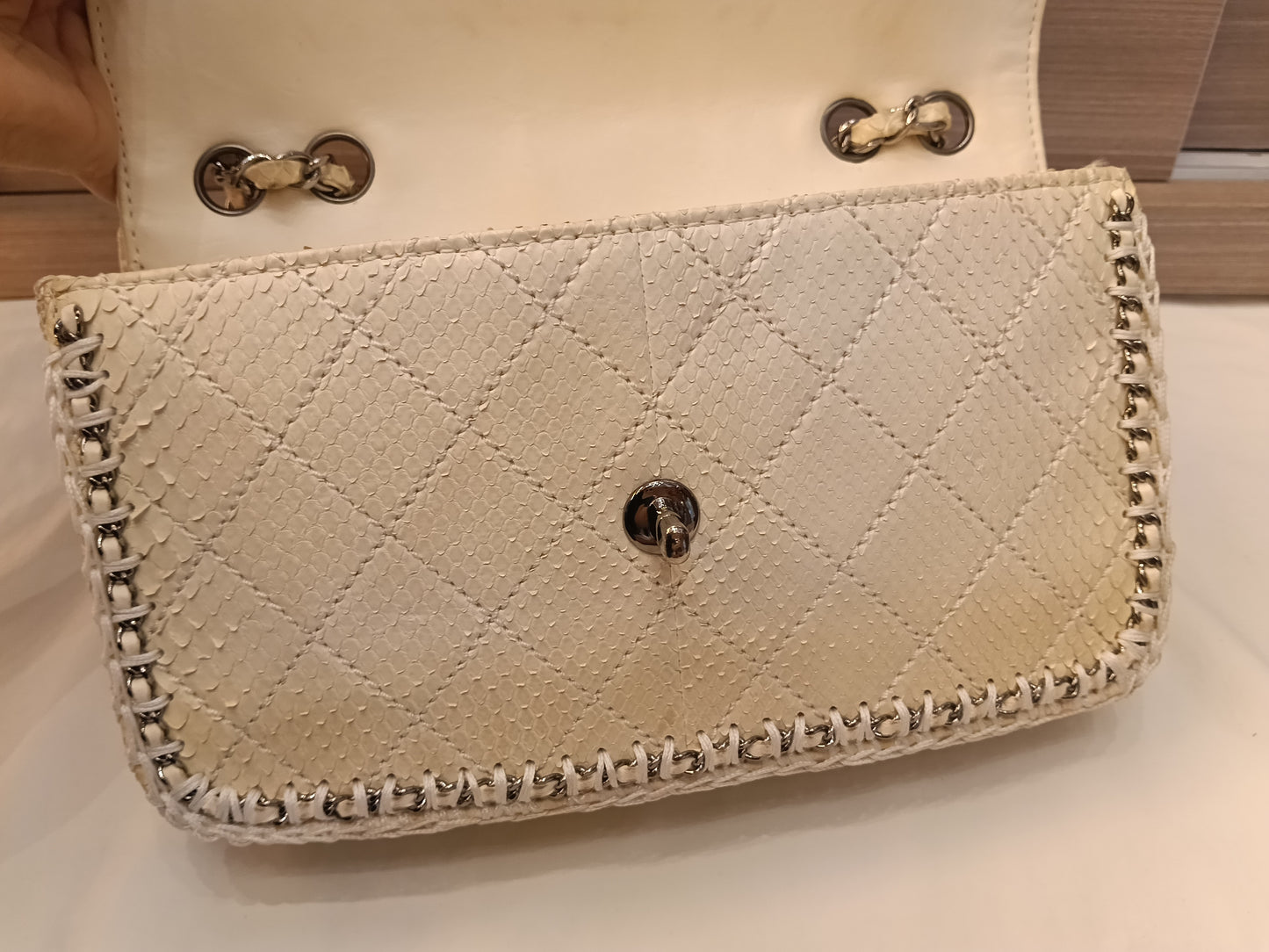 Chanel Turn Lock Flap Chain Python White SHW #11