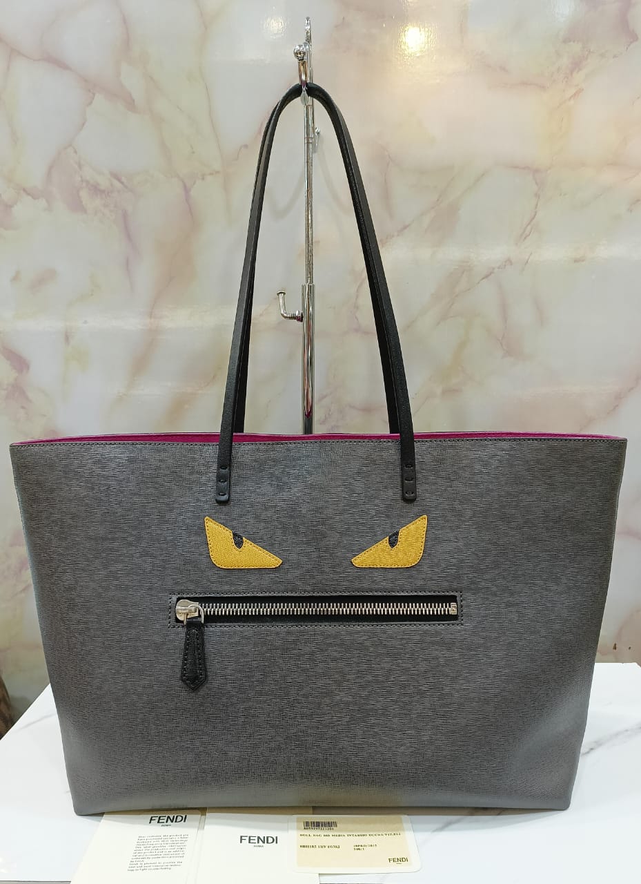 Fendi Monster Tote Roll Medium Leather Grey Purple SHW 2015 Size 35 x 26 x 14cm