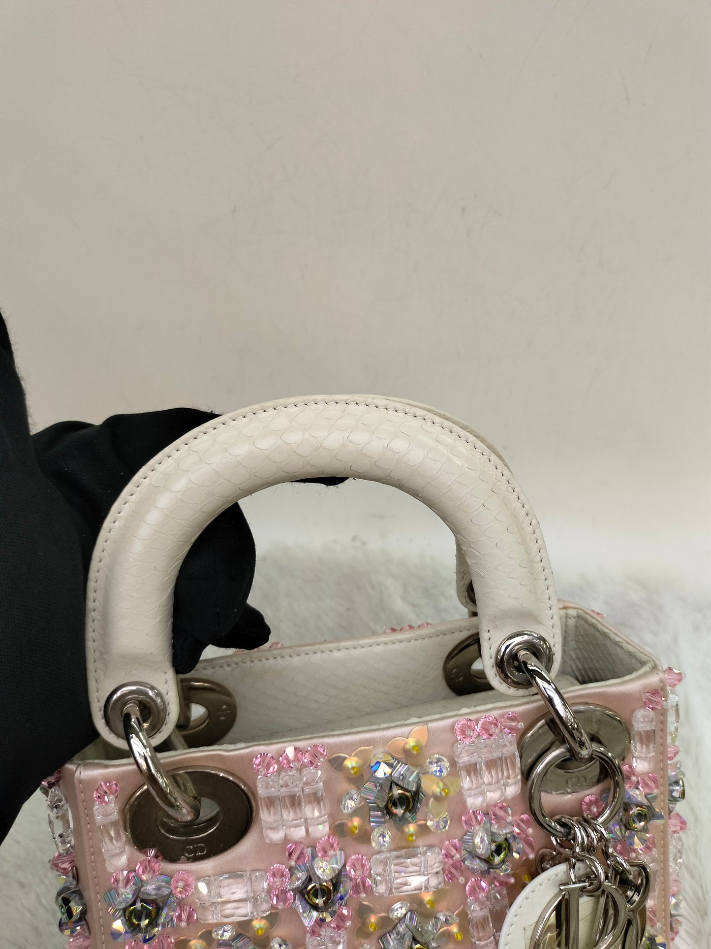 Lady Dior Mini Cannage Crystal Satin Pink Handle Python SHW 2016