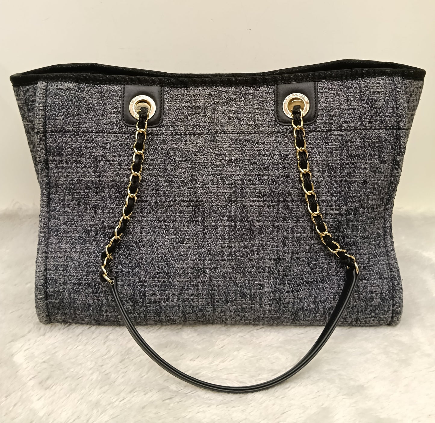 Chanel Deauville Small Tweed Black Navy LGHW (CHIP)