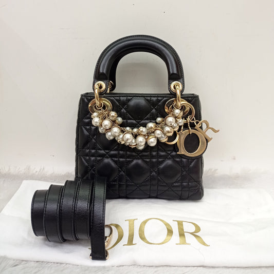Lady Dior Mini Lamb Pearl Embellished Black GHW 2010