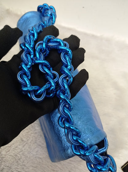 Chanel Modern Chain Flap Cracked Calfskin Metallic Blue #12