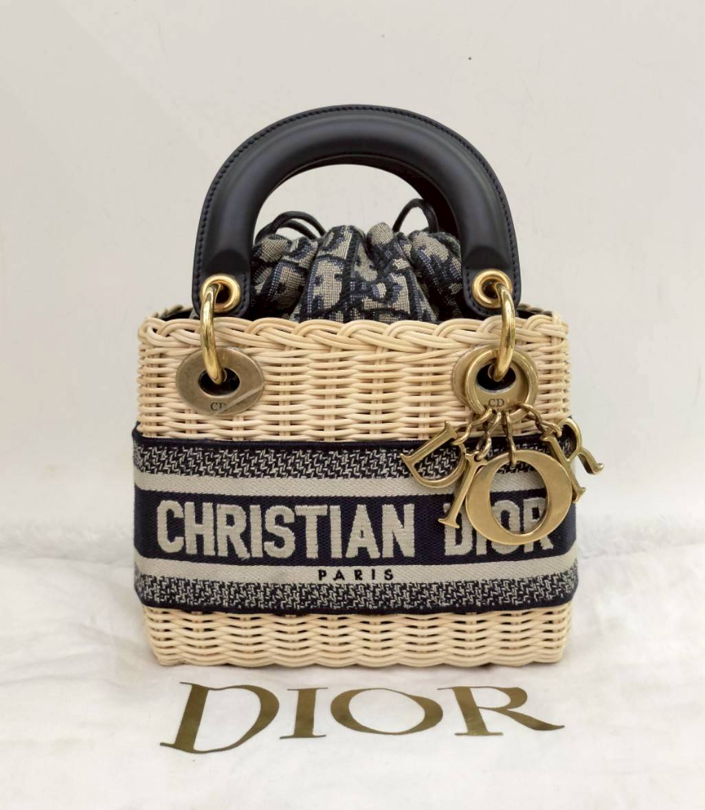 Lady Dior Mini Wicker Rattan Oblique Jacquard Blue Natural GHW 2022