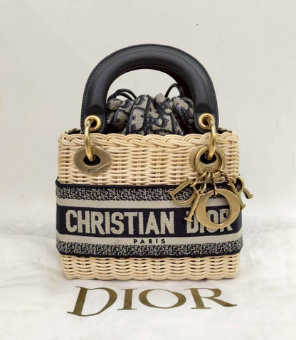 Lady Dior Mini Wicker Rattan Oblique Jacquard Blue Natural GHW 2022