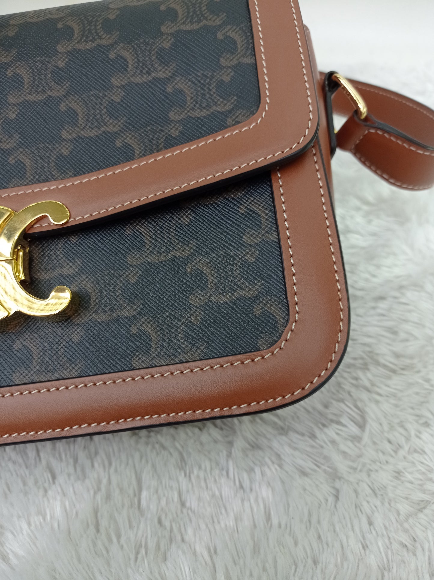 Celine Triomphe Medium Canvas Calfskin Border Tan GHW 2021