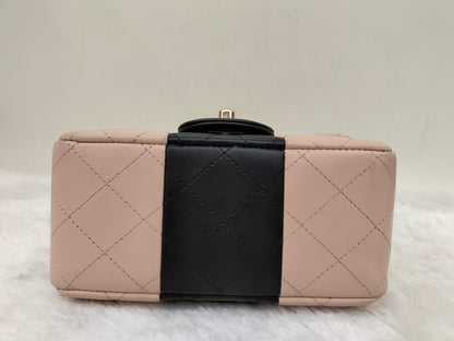 Chanel Mini Square Lamb Beige Black LGHW (CHIP)