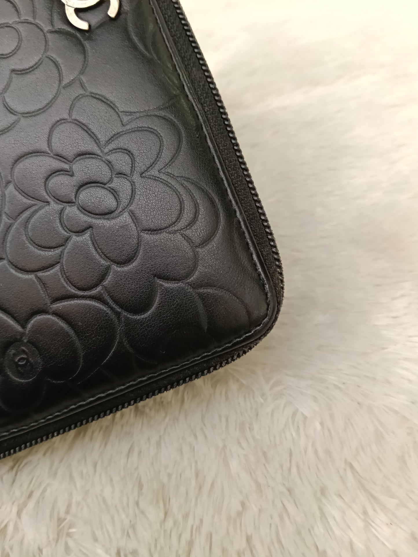 Chanel Zip Around Organizer Wallet Camellia Embossed Black Silver SHW #16