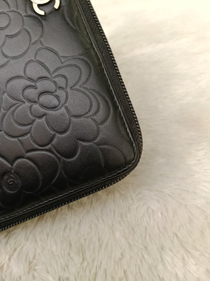 Chanel Zip Around Organizer Wallet Camellia Embossed Black Silver SHW #16