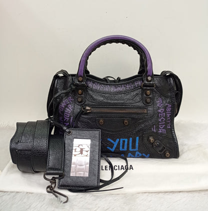 Balenciaga Mini City Classic Graffiti Black Bleu Violet RGHW 2018