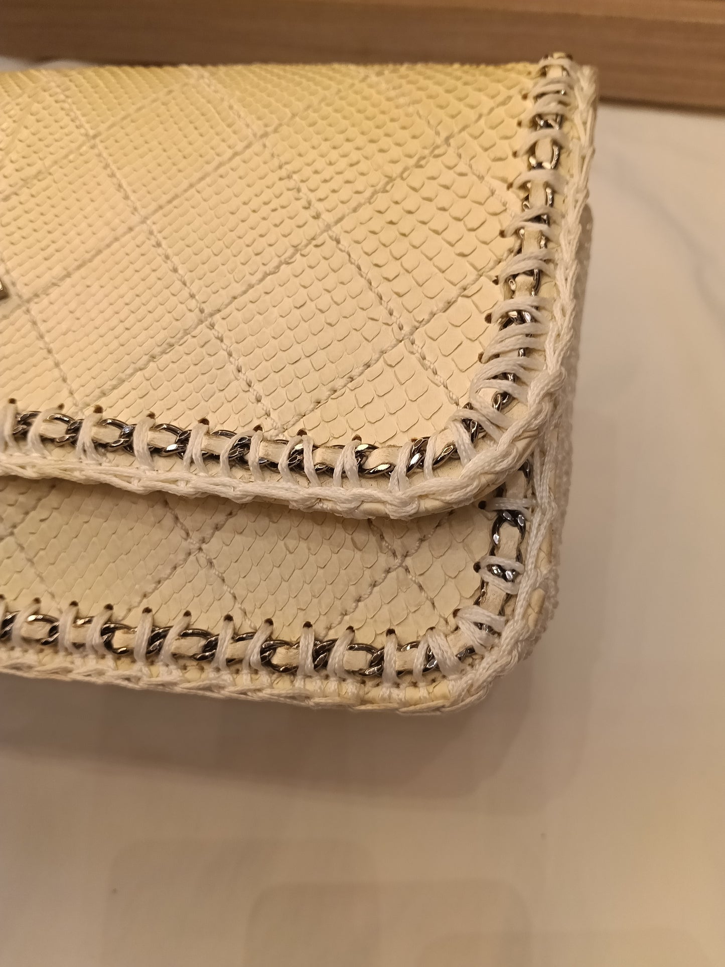 Chanel Turn Lock Flap Chain Python White SHW #11