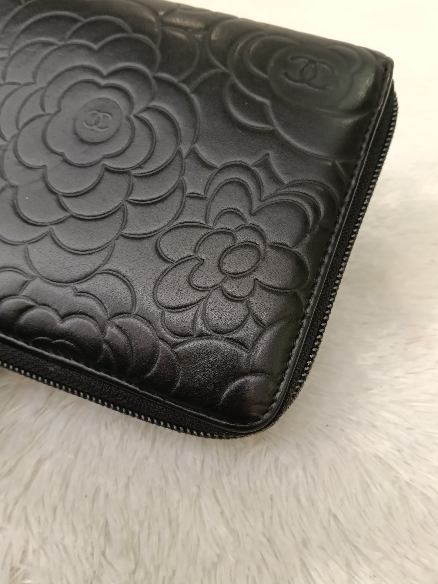 Chanel Zip Around Organizer Wallet Camellia Embossed Black Silver SHW #16