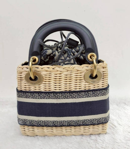 Lady Dior Mini Wicker Rattan Oblique Jacquard Blue Natural GHW 2022