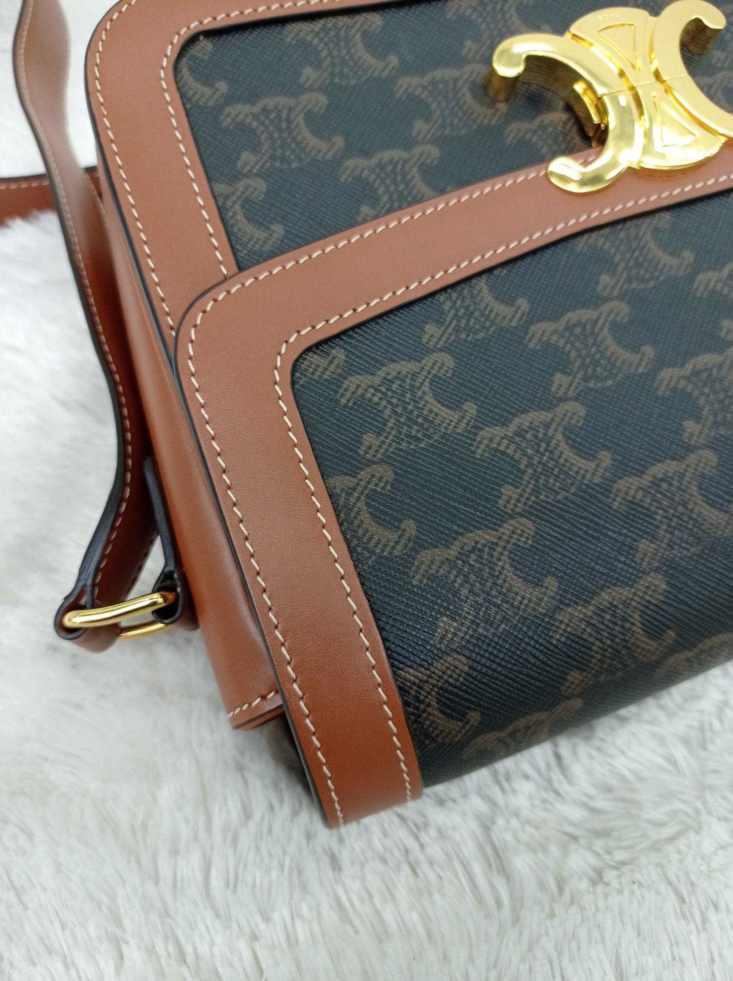 Celine Triomphe Medium Canvas Calfskin Border Tan GHW 2021