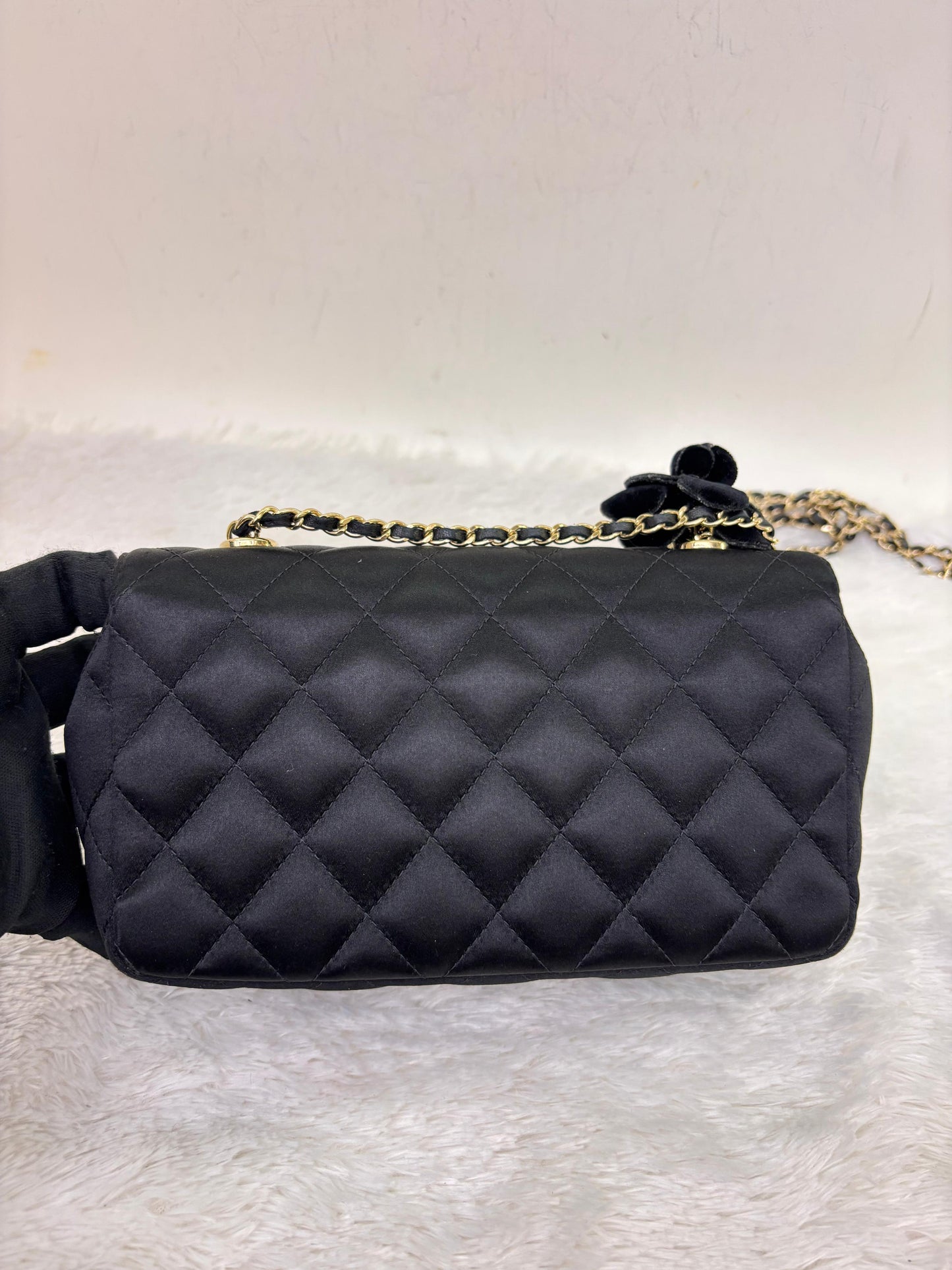 Chanel Mini Flap Satin Camellia Black GHW #21