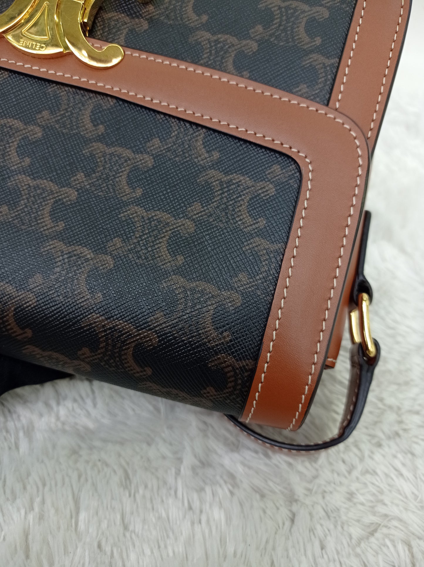 Celine Triomphe Medium Canvas Calfskin Border Tan GHW 2021