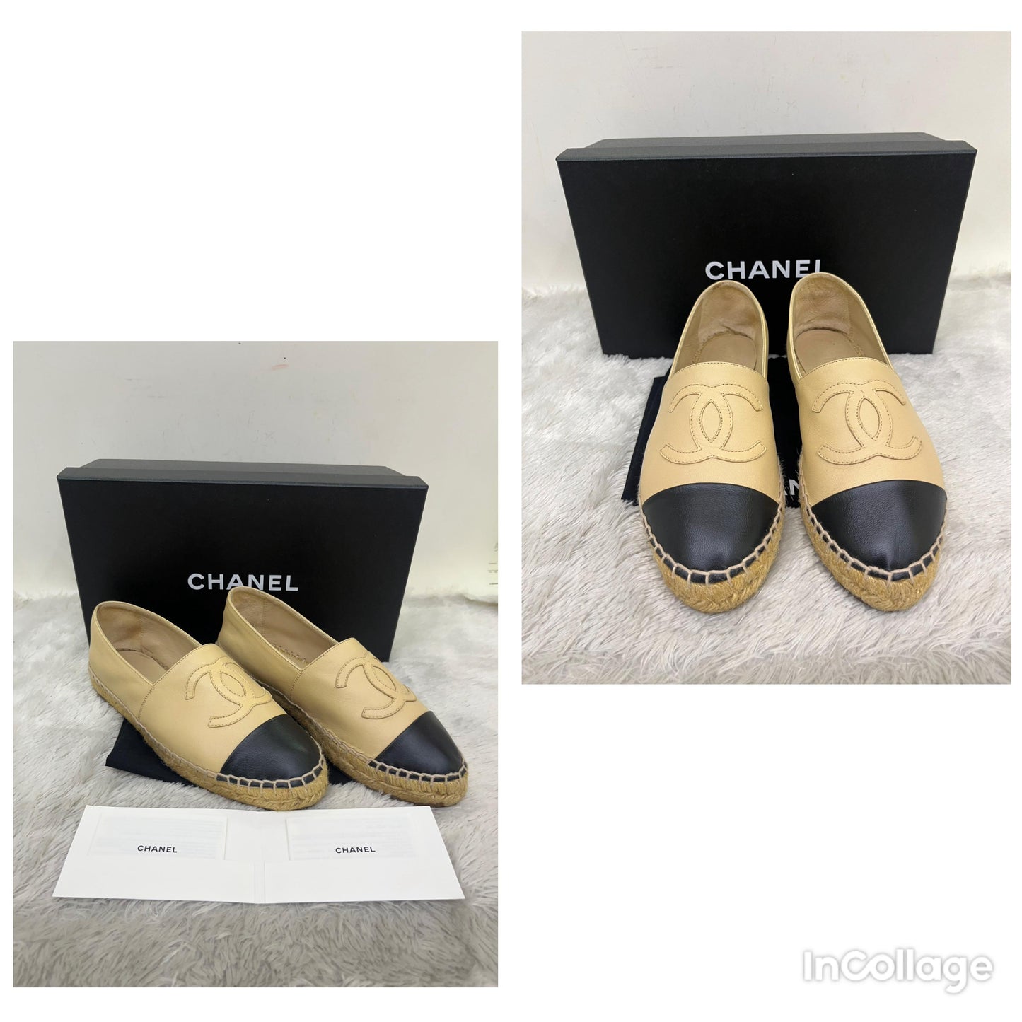 Chanel Espadrilles Leather Beige Black Size 36