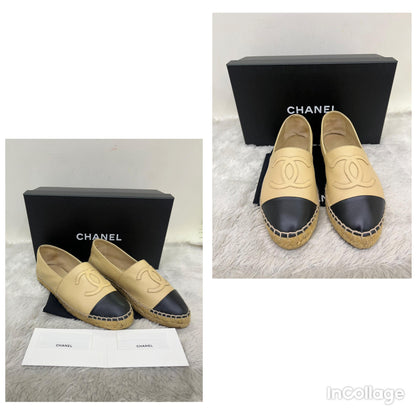 Chanel Espadrilles Leather Beige Black Size 36