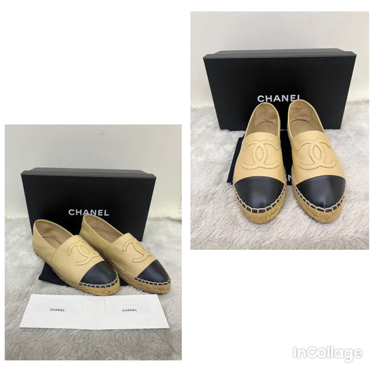Chanel Espadrilles Leather Beige Black Size 36