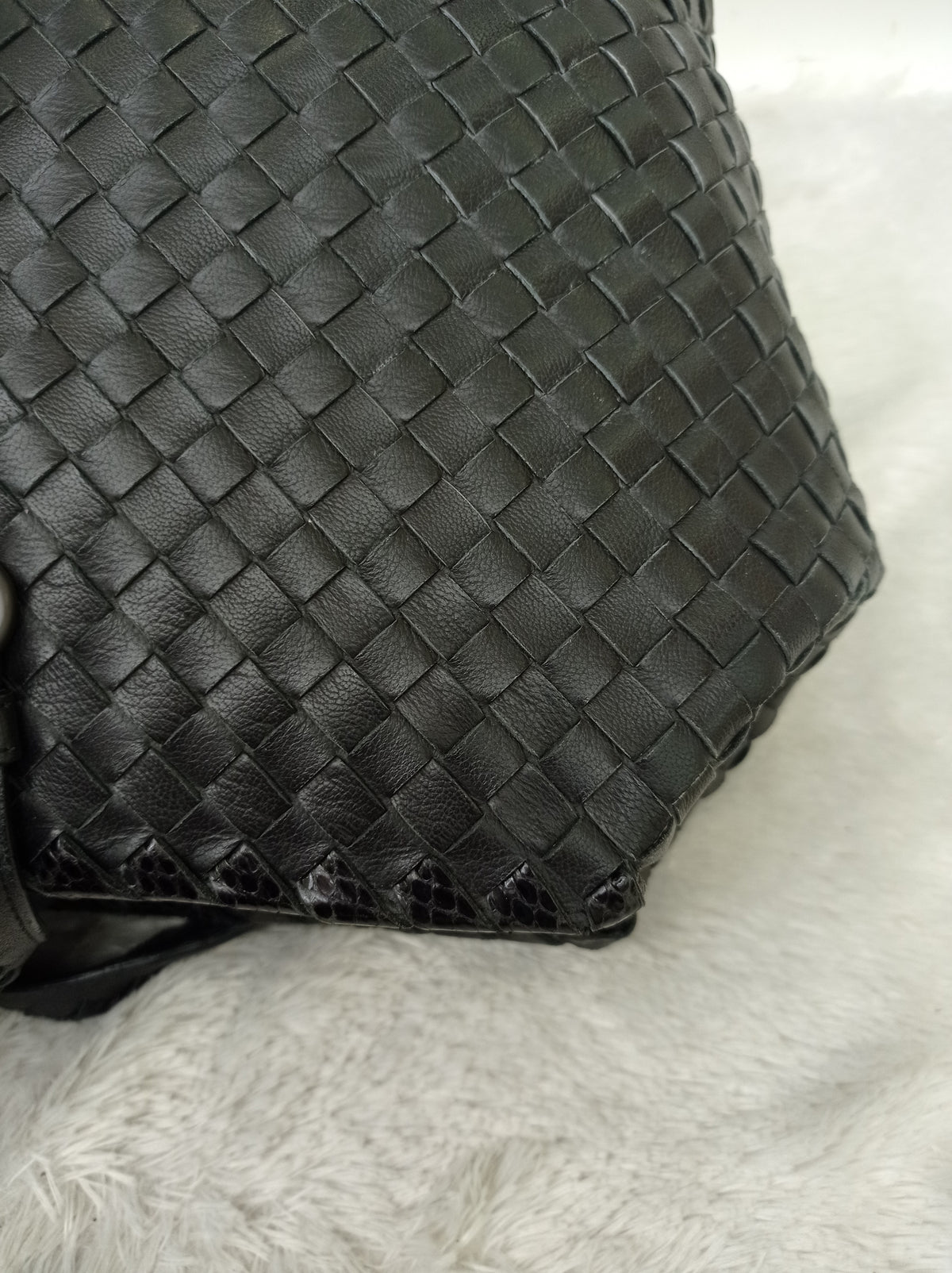 Bottega Veneta Nappa Intrecciato Ayers Brick Tote Black Snake Skin RHW