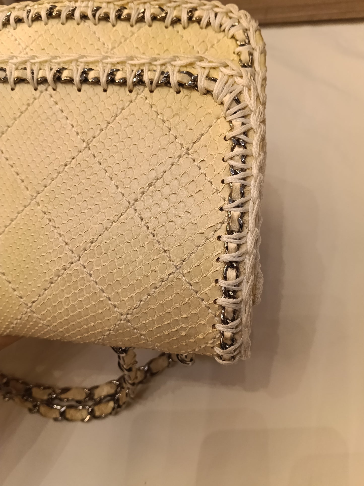 Chanel Turn Lock Flap Chain Python White SHW #11