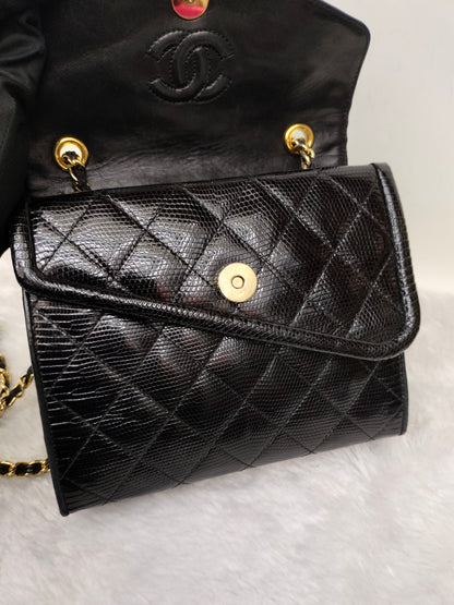 Chanel Shoulder Double Flap Tassel Lizard Black GHW #1