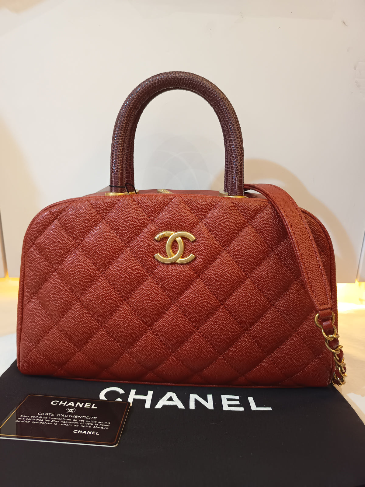 Chanel Bowling Top Handle Lizard Medium Caviar Red GHW #24