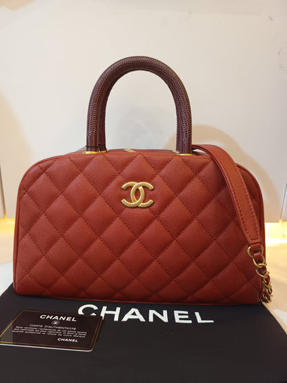 Chanel Bowling Top Handle Lizard Medium Caviar Red GHW #24