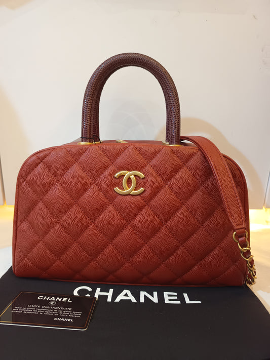 Chanel Bowling Top Handle Lizard Medium Caviar Red GHW #24
