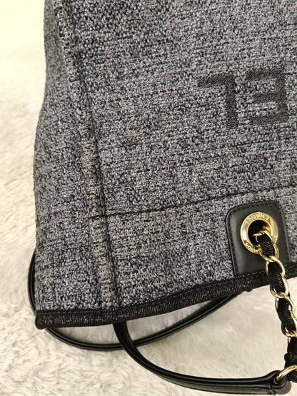 Chanel Deauville Small Tweed Black Navy LGHW (CHIP)