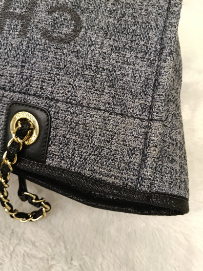 Chanel Deauville Small Tweed Black Navy LGHW (CHIP)