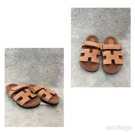 Hermes Chypre Sandals Shearling Rose Aube Size 38½