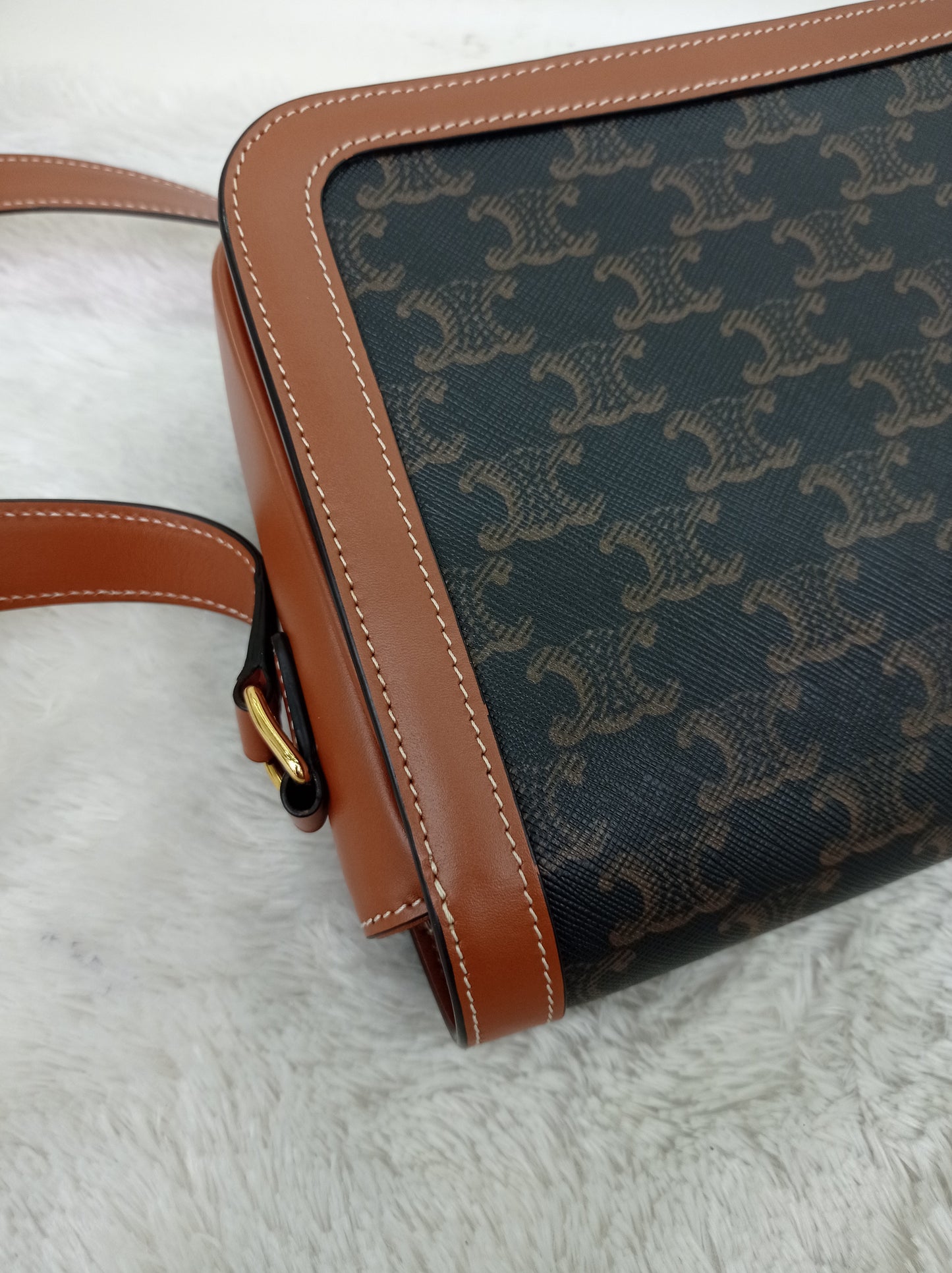 Celine Triomphe Medium Canvas Calfskin Border Tan GHW 2021