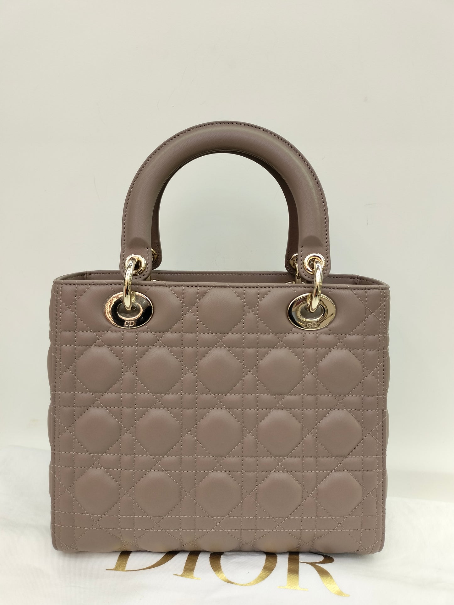 *NBU* Lady Dior Medium Lamb Taupe Enamel Charm GHW