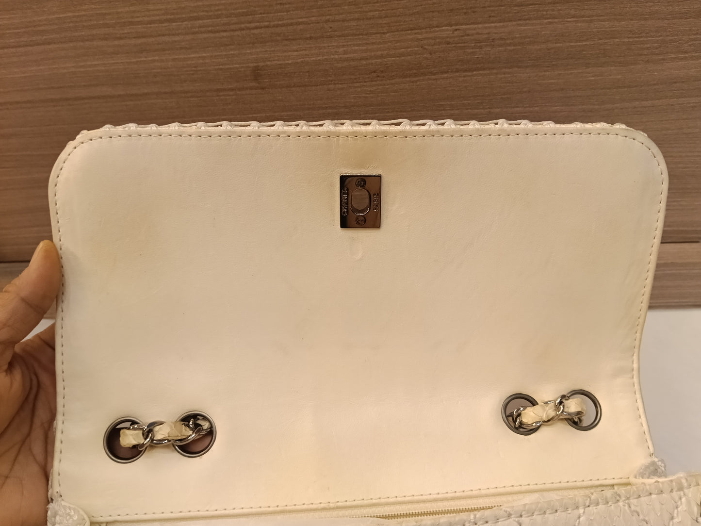 Chanel Turn Lock Flap Chain Python White SHW #11