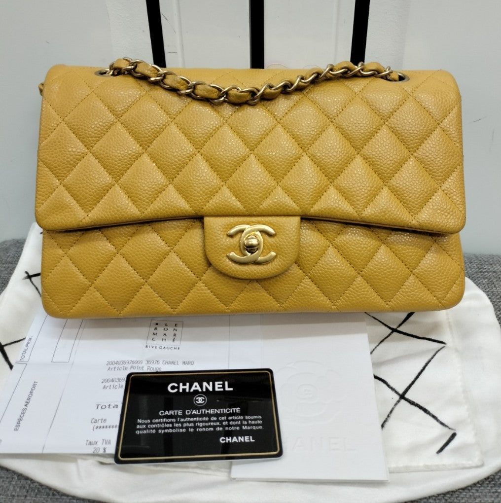 Chanel Medium Caviar Jaune GHW DF #21 Size 25,5x15,5x6,5cm