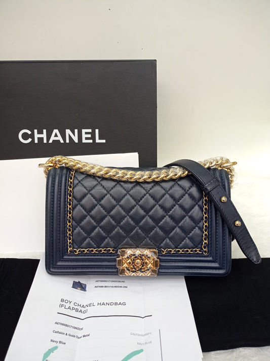 Chanel Boy 25 Round Chain Calfskin Navy Blue GHW #29