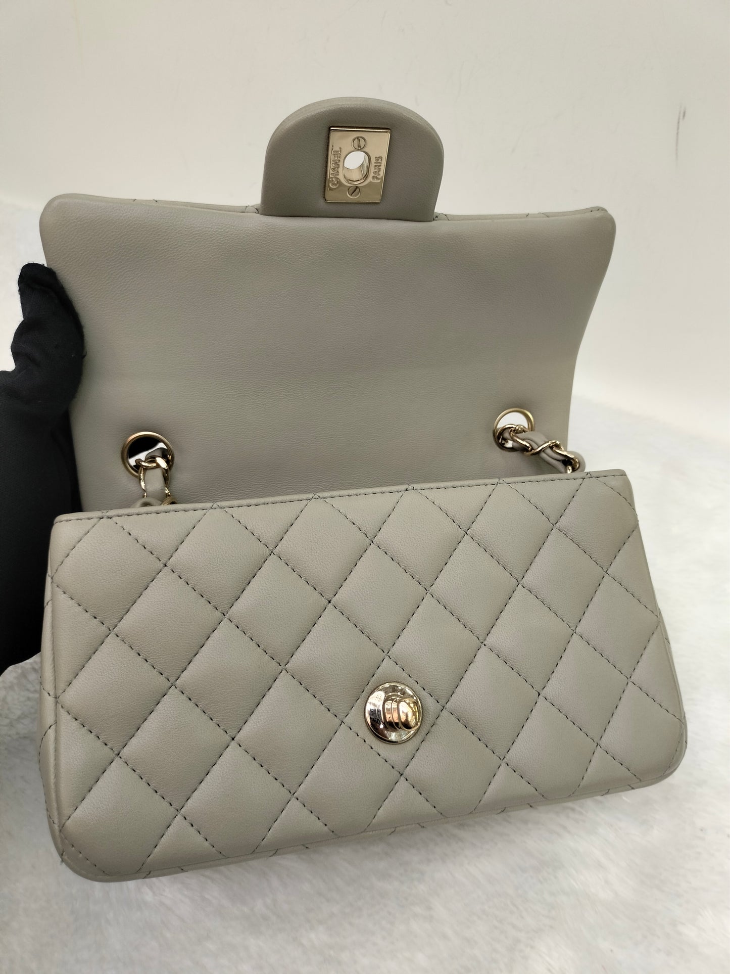 Chanel Mini Rectangular Lamb Light Grey LGHW (CHIP)