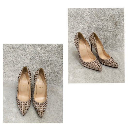 Louboutin Follies Spikes Heels Pump Bronze Rose Lurex Size 40