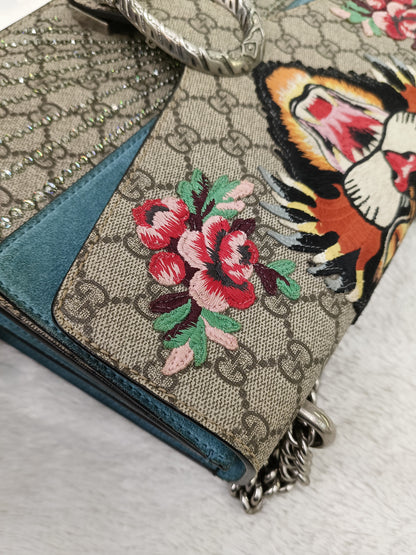 Gucci Dionysus Medium Embriodered Angry Cat Light Blue RHW