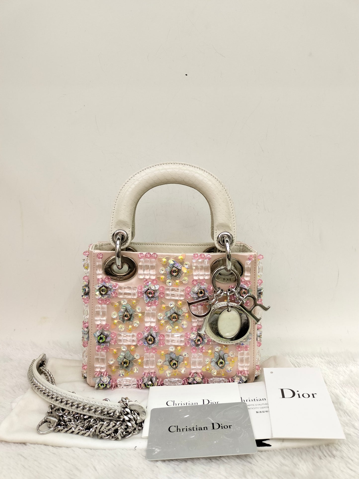 Lady Dior Mini Cannage Crystal Satin Pink Handle Python SHW 2016